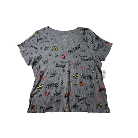 Torrid Heritage Slub Jersey Sz 1 1X 14-16 Metal Doodles V Neck Gray Pocket NEW - Picture 1 of 8